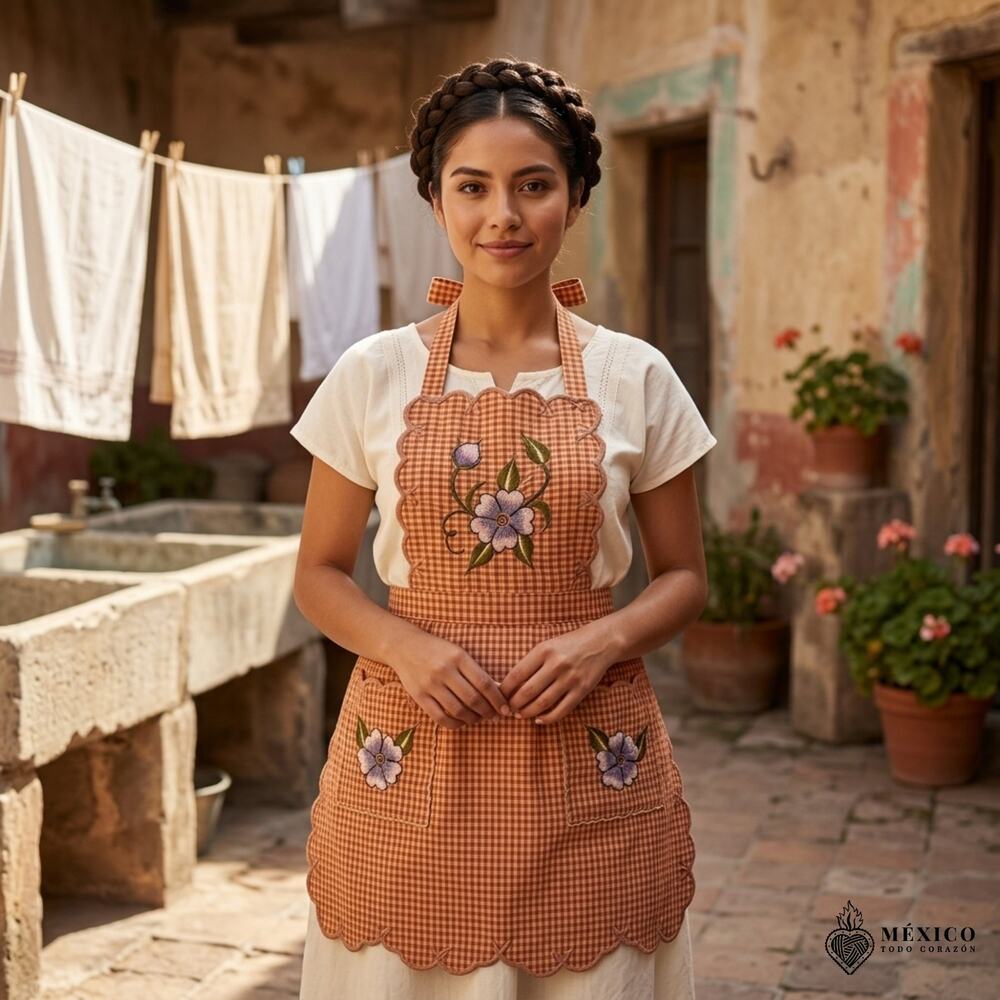 Mexican Embroidered Bib Apron for Women – Multicolor with Floral Design
